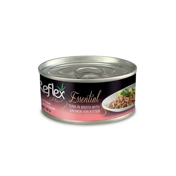 REFLEX PLUS ESSENTIAL YAVRU KEDİ TON BALIKLI VE SOMONLU KONSERVE ET SUYU İÇİNDE 70 GR