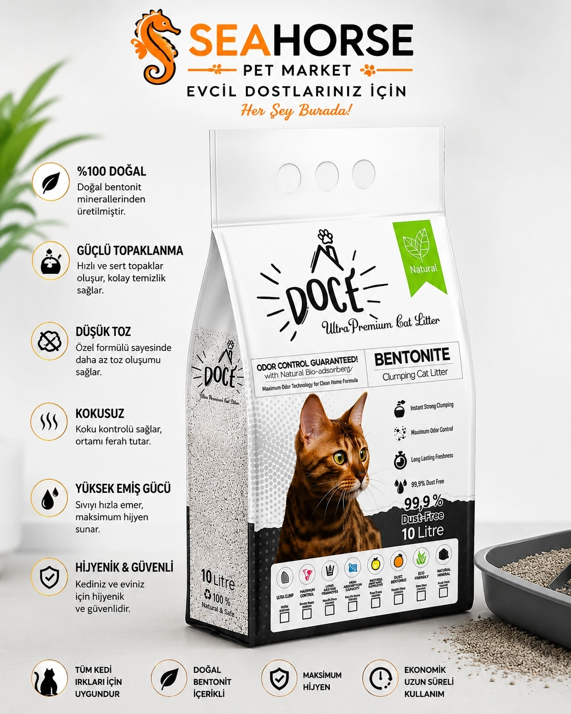 DOCE Ultra Premium Bentonit Topaklanan Kedi Kumu 10 LT %99,9 Tozsuz Doğal Mineral