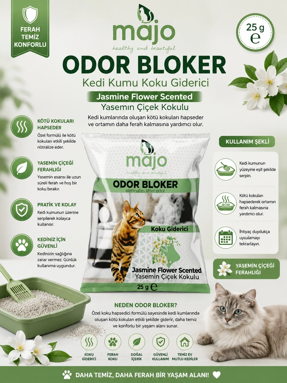 MAJO Odor Bloker Yasemin Çiçeği Kokulu Kedi Kumu Koku Giderici 25 gr