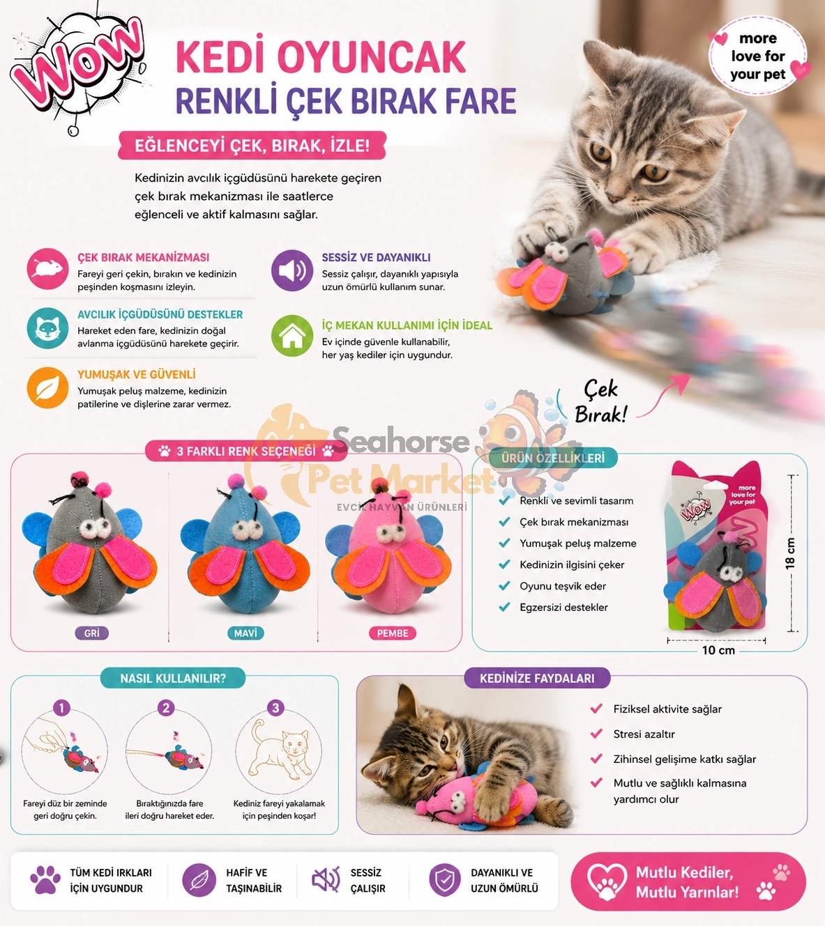 WOW KEDİ OYUNCAK RENKLİ ÇEK BIRAK FARE