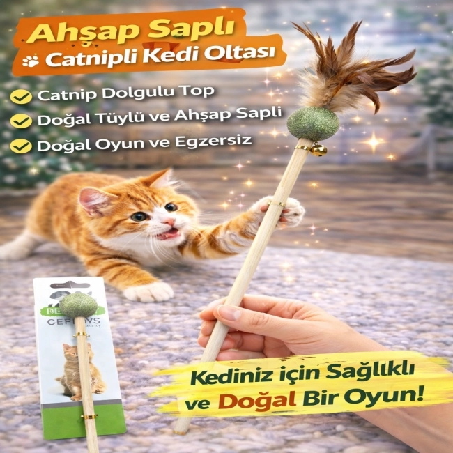 Ahşap Saplı Catnipli Kedi Olta