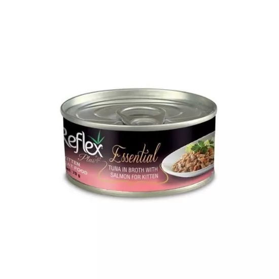 REFLEX PLUS ESSENTIAL YAVRU KEDİ TON BALIKLI VE SOMONLU KONSERVE ET SUYU İÇİNDE 70 GR