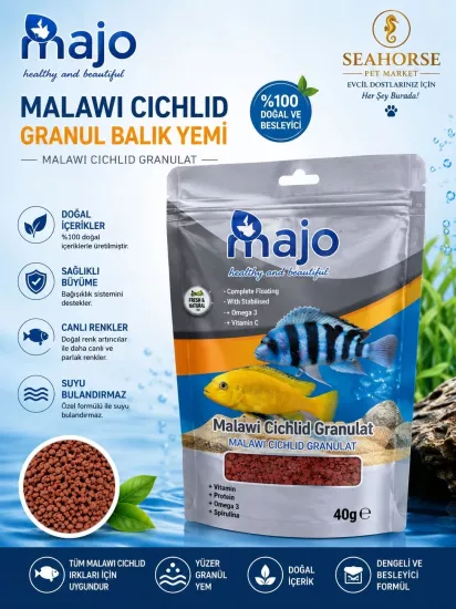 Majo Malawi Cichlid Granül Balık Yemi 40 Gr – Spirulina, Omega 3 ve Vitamin Destekli Yüzen Granül Yem