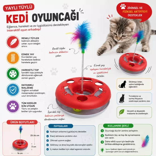 İnteraktif Döner Toplu Yaylı Tüylü Kedi Oyuncağı | Hareketli Kedi Oyuncağı