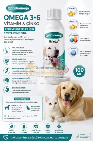 OptiBiomega Omega 3+6 Vitamin & Çinko 100 ML | Kedi ve Köpek Sıvı Besin Takviyesi