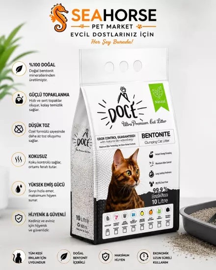 DOCE Ultra Premium Bentonit Kedi Kumu 10 LT | %99,9 Tozsuz Topaklanan Kedi Kumu