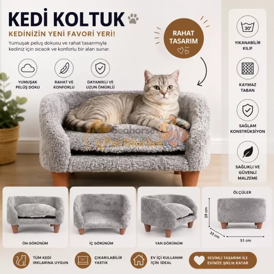 Peluş Kedi Koltuğu 51x33x29 cm | Yumuşak Minderli Lüks Kedi Yatağı