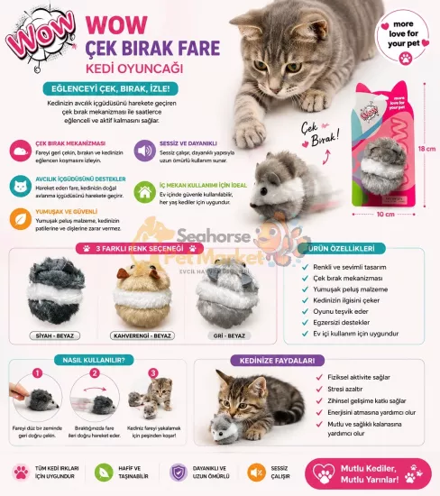 WOW Çek Bırak Fare Peluş Hareketli Kedi Oyuncağı