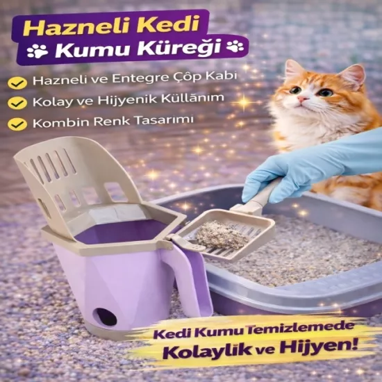 Hazneli Kedi Kumu Küreği | Kapaklı Atık Hazneli Kedi Kum Küreği | Hijyenik Kum Temizleme Aparatı