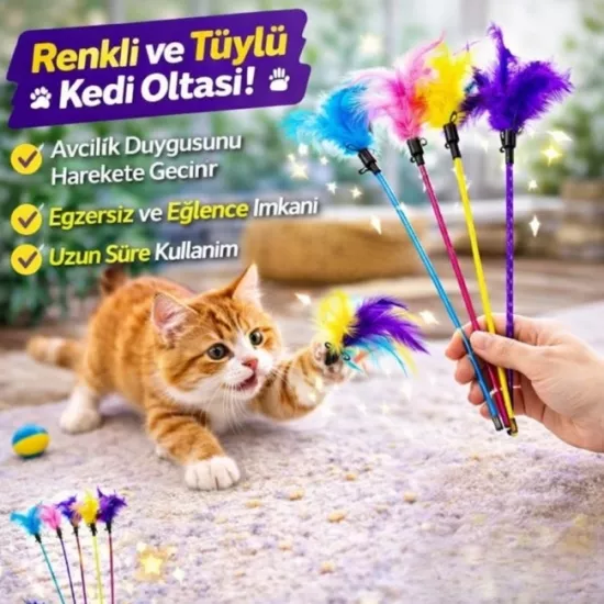 Renkli Tüylü Kedi Oltası Oyuncağı | Uzun Saplı İnteraktif Kedi Oyuncağı | Egzersiz ve Eğlence Çubuğu