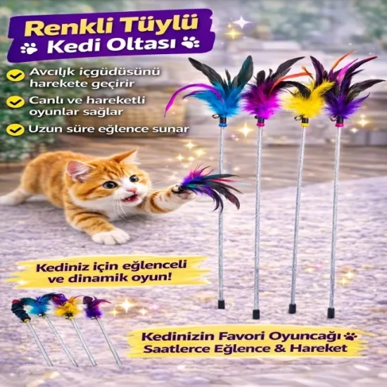 Renkli Tüylü Kedi Oltası Oyuncağı | Uzun Saplı İnteraktif Kedi Oyuncağı | Eğlence ve Egzersiz Çubuğu