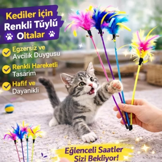 Kedi Oyun Oltası Renkli Tüylü Oyuncak | Uzun Saplı İnteraktif Kedi Oyuncağı | Eğlence ve Egzersiz Çubuğu