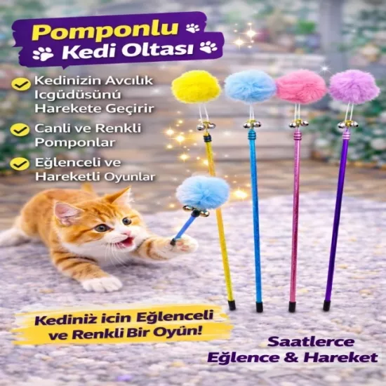 Pomponlu Kedi Oltası Oyuncağı | Zilli Renkli İnteraktif Kedi Oyuncağı | Eğlence ve Egzersiz Çubuğu