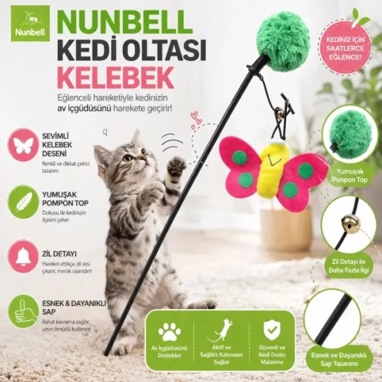 NUNBELL Kedi Oltası Kelebek Uzun Lastik İpli Zilli Kedi Oyuncağı