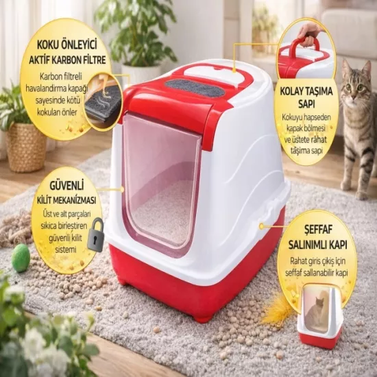 Kapalı Kedi Tuvaleti Kabı Karbon Filtreli Şeffaf Kapılı Kedi Kum Kabı