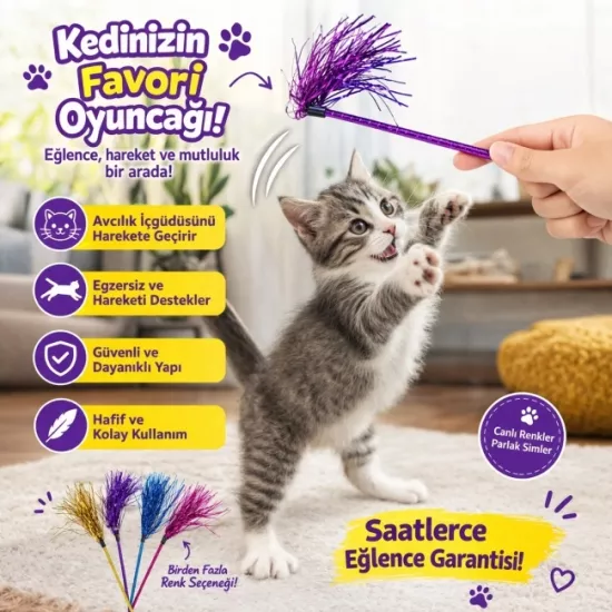 Kedi Oyun Oltası Simli Püsküllü Oyuncak | Renkli Uzun Saplı Kedi Eğlence Çubuğu | İnteraktif Kedi Oyuncağı