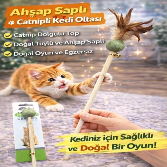 Ahşap Saplı Catnipli Kedi Oltası | Doğal Tüylü İnteraktif Kedi Oyuncağı | Egzersiz ve Eğlence Çubuğu