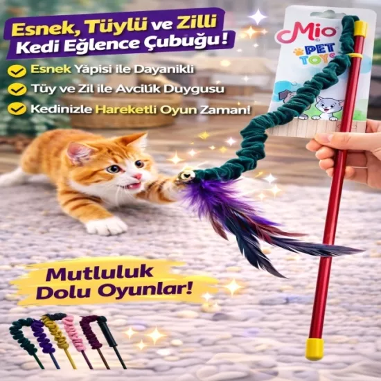 Mio Pet Toys Esnek Tüylü Zilli Kedi Oltası | İnteraktif Kedi Oyuncağı | Egzersiz ve Eğlence Çubuğu