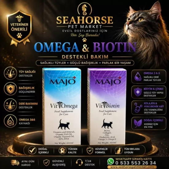 MAJO VitOmega & VitBiotin Kedi Vitamin Destek Seti 2x100 ml | Omega 3-6 ve Biotin Takviyesi