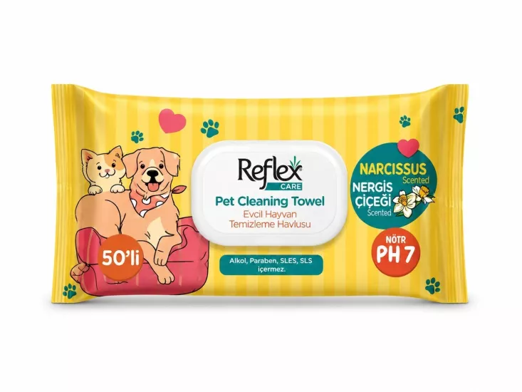REFLEX CARE EVCİL HAYVANLAR İÇİN ÇOK AMAÇLI HİJYENİK TEMİZLEME HAVLUSU 50Lİ NERGİS ÇİÇEĞİ KOKULU