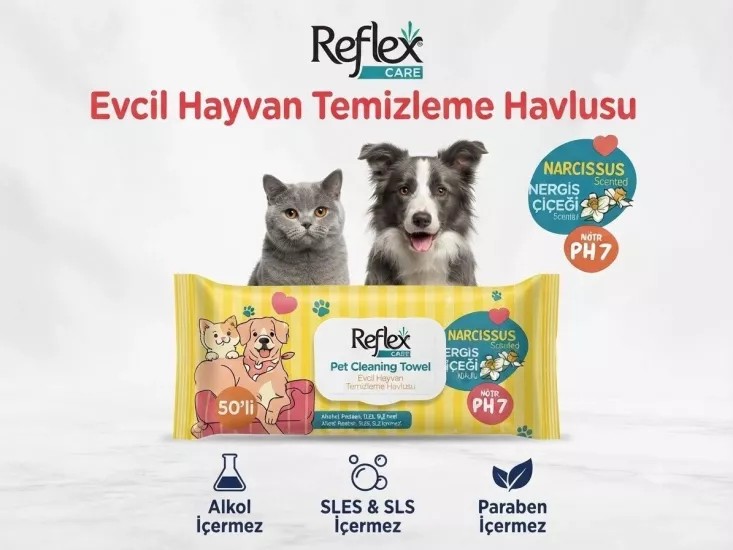 REFLEX CARE EVCİL HAYVANLAR İÇİN ÇOK AMAÇLI HİJYENİK TEMİZLEME HAVLUSU 50Lİ NERGİS ÇİÇEĞİ KOKULU