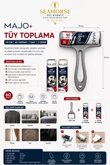 MAJO Tüy Toplama Rulosu Seti 1 Sap 2 Yedek 180 Yaprak | Güçlü Yapışkanlı Lint Roller