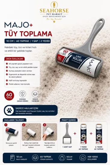 MAJO Tüy Toplama Rulosu Seti 1 Sap 2 Yedek 180 Yaprak | Güçlü Yapışkanlı Lint Roller