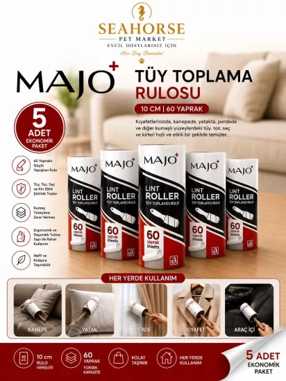 MAJO Tüy Toplama Rulosu 5’li Ekonomik Paket 300 Yaprak | Güçlü Yapışkanlı Tüy Toplayıcı