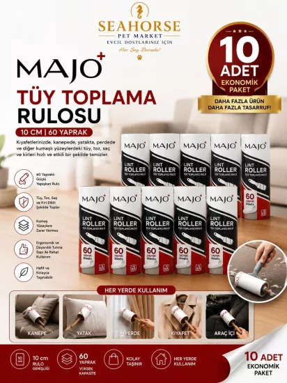 MAJO Tüy Toplama Rulosu 10’lu Ekonomik Paket 600 Yaprak | Güçlü Yapışkanlı Tüy Toplayıcı