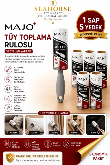 MAJO Tüy Toplama Rulosu 1 Sap 5 Yedek 300 Yaprak Ekonomik Paket | Güçlü Yapışkanlı Lint Roller