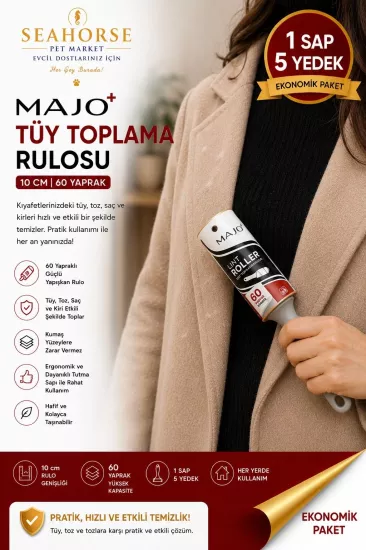 MAJO Tüy Toplama Rulosu 10’lu Ekonomik Paket 600 Yaprak | Güçlü Yapışkanlı Tüy Toplayıcı