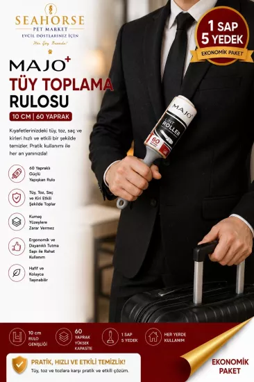 MAJO Tüy Toplama Rulosu 1 Sap 5 Yedek 300 Yaprak Ekonomik Paket | Güçlü Yapışkanlı Lint Roller