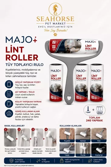 MAJO Lint Roller Tüy Toplayıcı Rulo Seti 1 Sap 3 Yedek 240 Yaprak | Güçlü Yapışkanlı Tüy Temizleyici