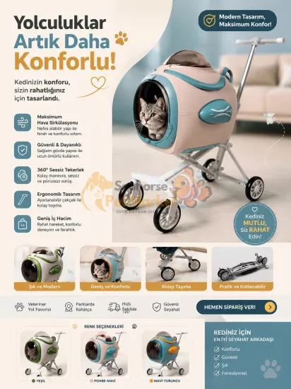 Katlanabilir Kedi Arabası Taşıma Çantası | Şeffaf Kapsüllü Kedi Puseti | Seahorse Pet Market