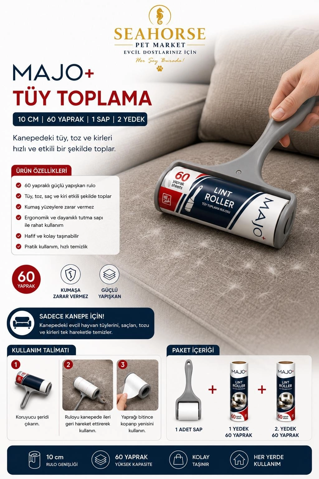 MAJO Tüy Toplama Rulosu Seti Yatay (1 Sap + 2 Yedek Rulo) 10 cm – 180 Yaprak