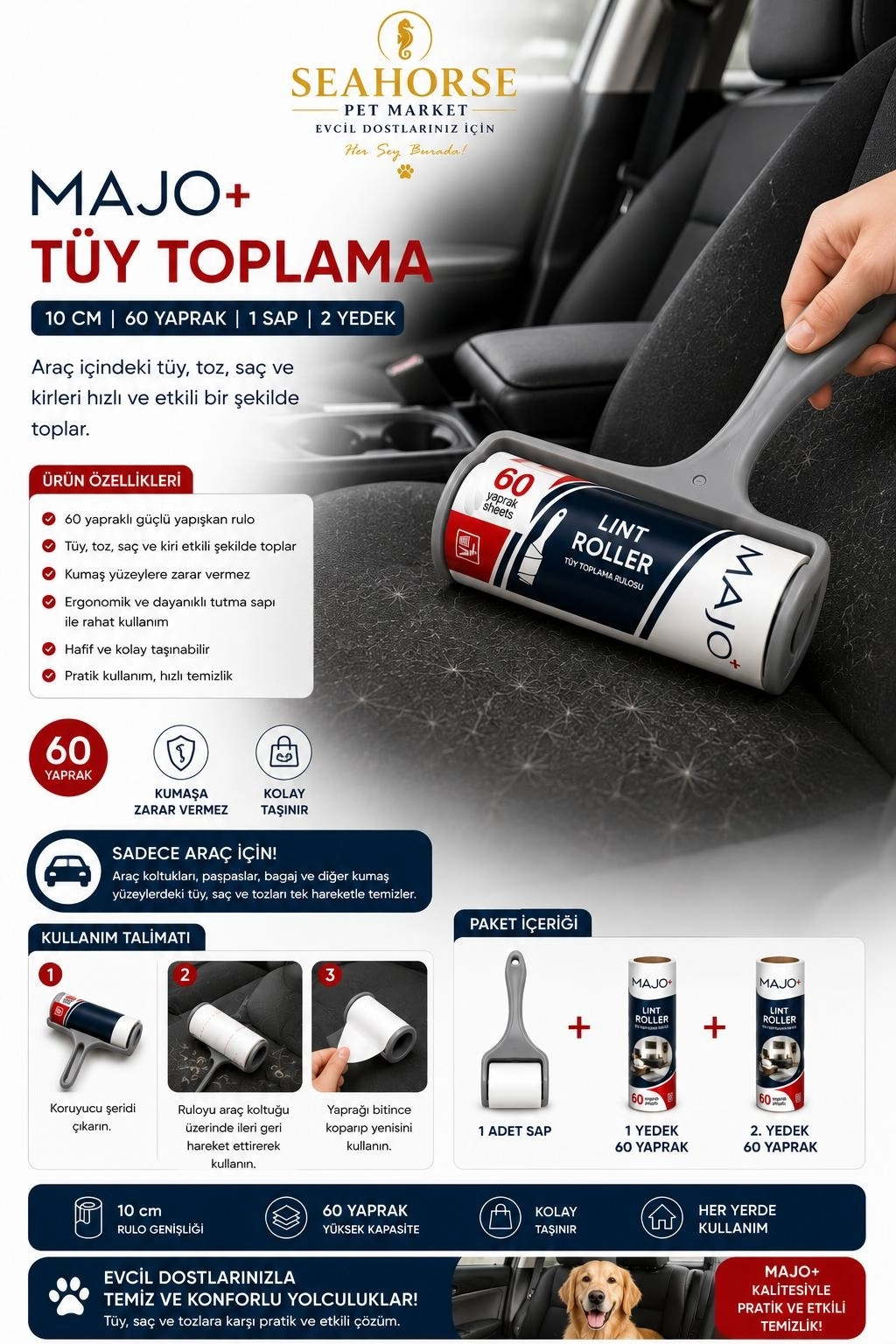 MAJO Tüy Toplama Rulosu Seti Yatay (1 Sap + 2 Yedek Rulo) 10 cm – 180 Yaprak