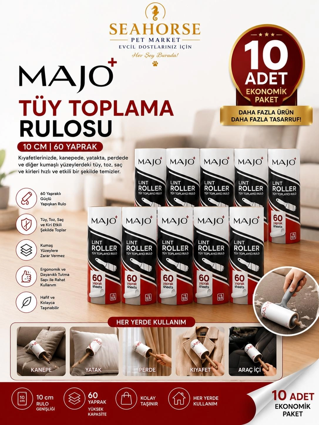 MAJO Tüy Toplama Rulosu 10’lu Ekonomik Paket (10 Adet Rulo x 60 Yaprak)