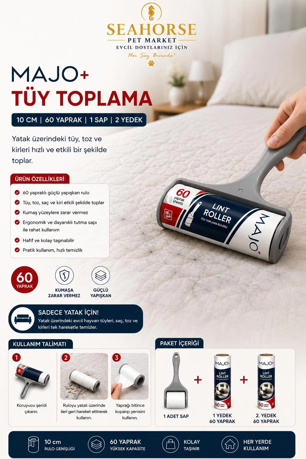 MAJO Tüy Toplama Rulosu Seti Yatay (1 Sap + 2 Yedek Rulo) 10 cm – 180 Yaprak