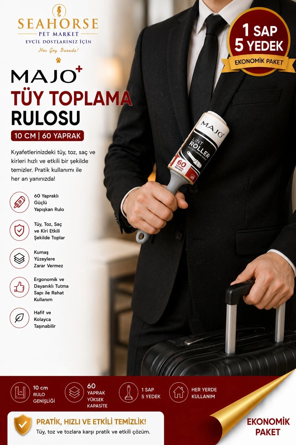 MAJO Tüy Toplama Rulosu 10 cm – 60 Yaprak