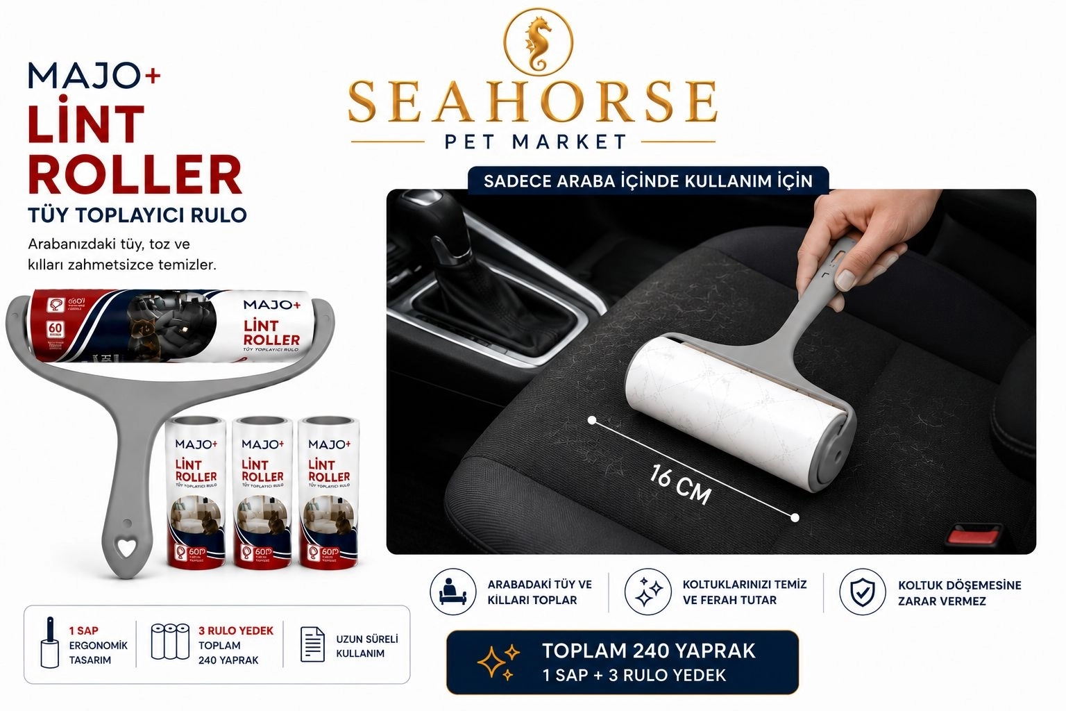 MAJO Lint Roller Tüy Toplayıcı Rulo Seti (1 Sap + 3 Yedek Rulo) – Toplam 240 Yaprak