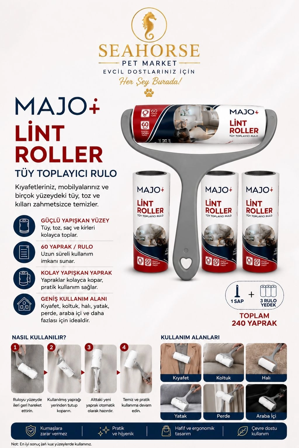 MAJO Lint Roller Tüy Toplayıcı Rulo Seti (1 Sap + 3 Yedek Rulo) – Toplam 240 Yaprak