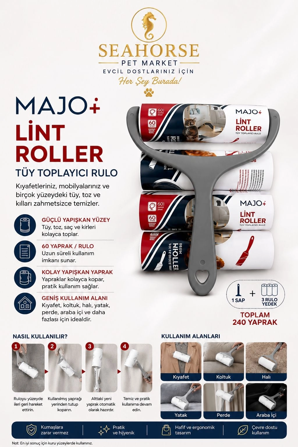 MAJO Lint Roller Tüy Toplayıcı Rulo Seti (1 Sap + 3 Yedek Rulo) – Toplam 240 Yaprak