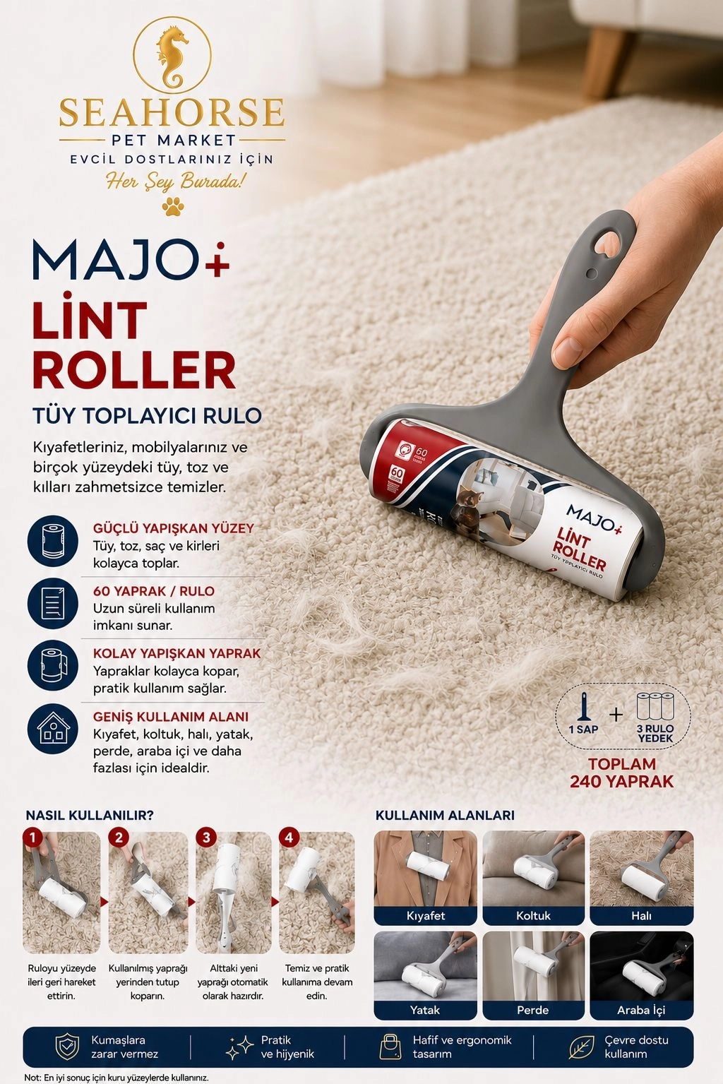 MAJO Lint Roller Tüy Toplayıcı Rulo Seti (1 Sap + 3 Yedek Rulo) – Toplam 240 Yaprak