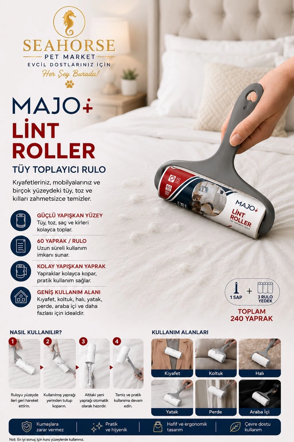 MAJO Lint Roller Tüy Toplayıcı Rulo Seti (1 Sap + 3 Yedek Rulo) – Toplam 240 Yaprak