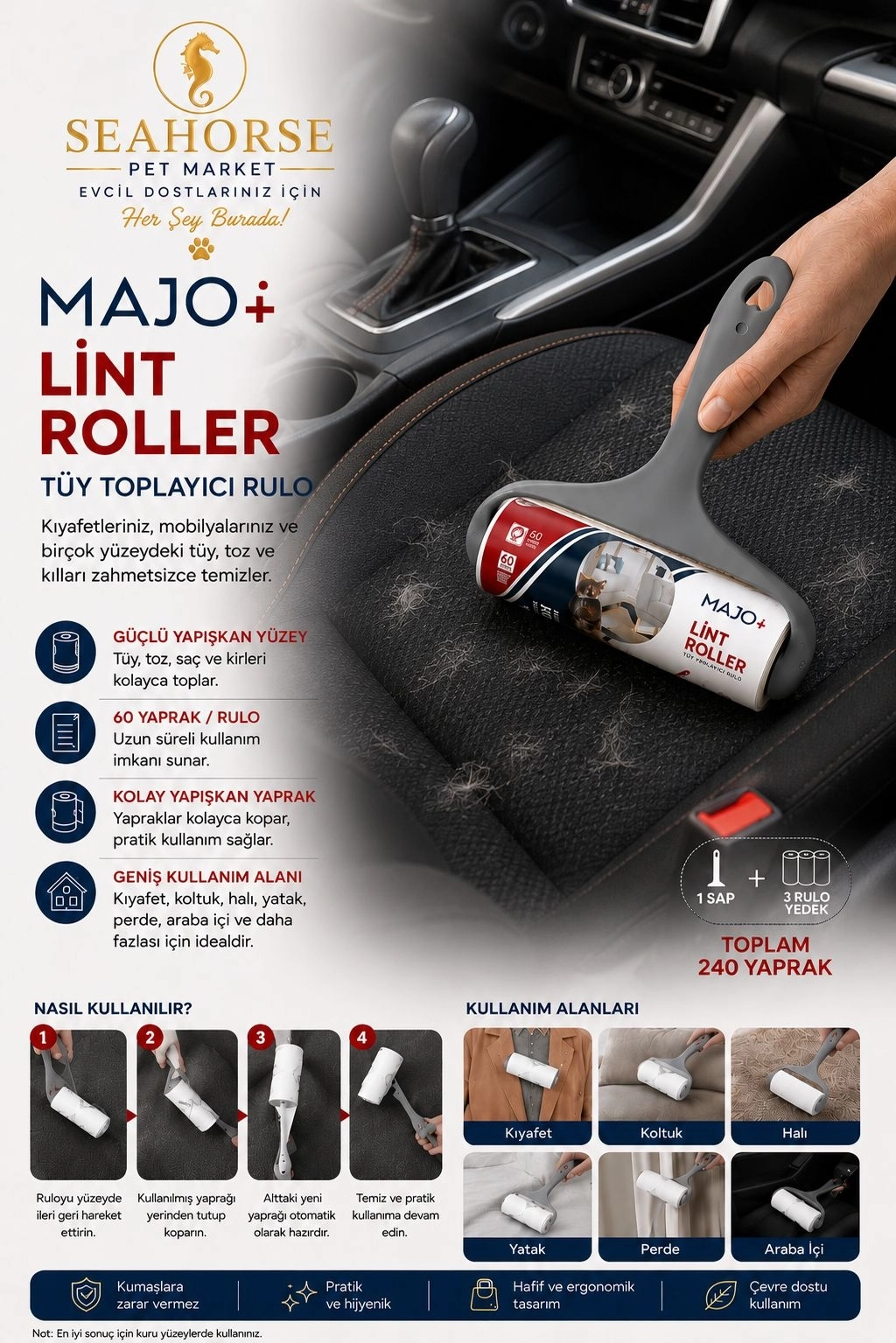 MAJO Lint Roller Tüy Toplayıcı Rulo Seti (1 Sap + 3 Yedek Rulo) – Toplam 240 Yaprak