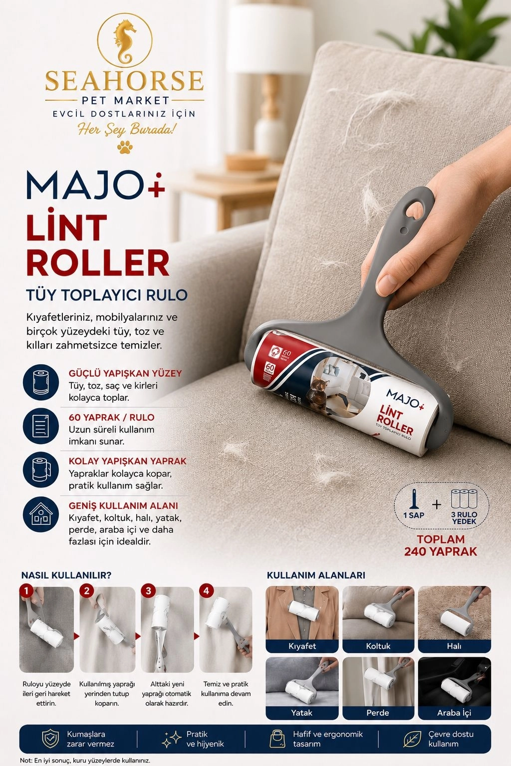MAJO Lint Roller Tüy Toplayıcı Rulo Seti (1 Sap + 3 Yedek Rulo) – Toplam 240 Yaprak